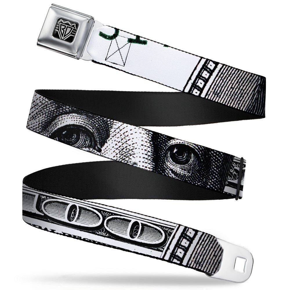 2130 Seatbelt Belt 100 Dollar Bill CLOSE-UP White/Black 1.5" Wide